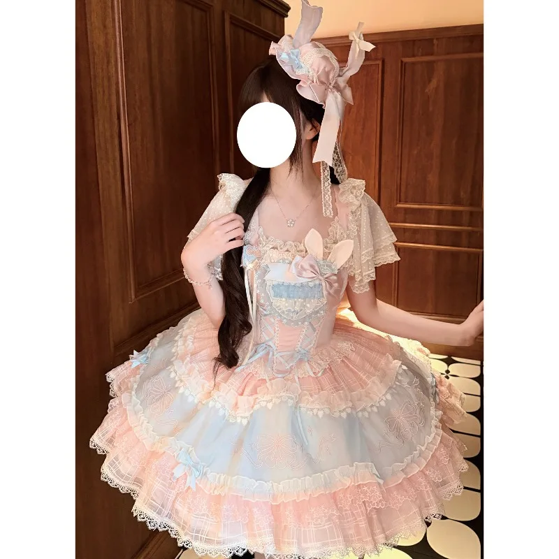 

Sweet Lolita Corset Dress with Lace Beige & Light Blue Victorian Tiered Skirt Women's Elegant Tea Party & Cosplay Outfit