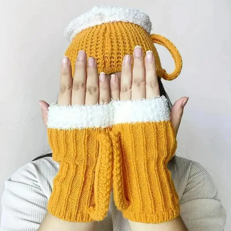 Knitted Winter Gloves Socks Funny 3D Beer Mug Knitted Glove Winter Must Have Crochet Beer Mug Cap For Women Men Girls For Dating