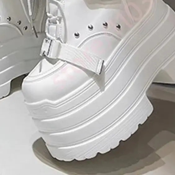 2026 Gothic Platform Mid Calf Boots Round Toe Lace Up Buckle Straps Height-Increasing Shoes Chunky Heel Punk Y2K Fashion Boots