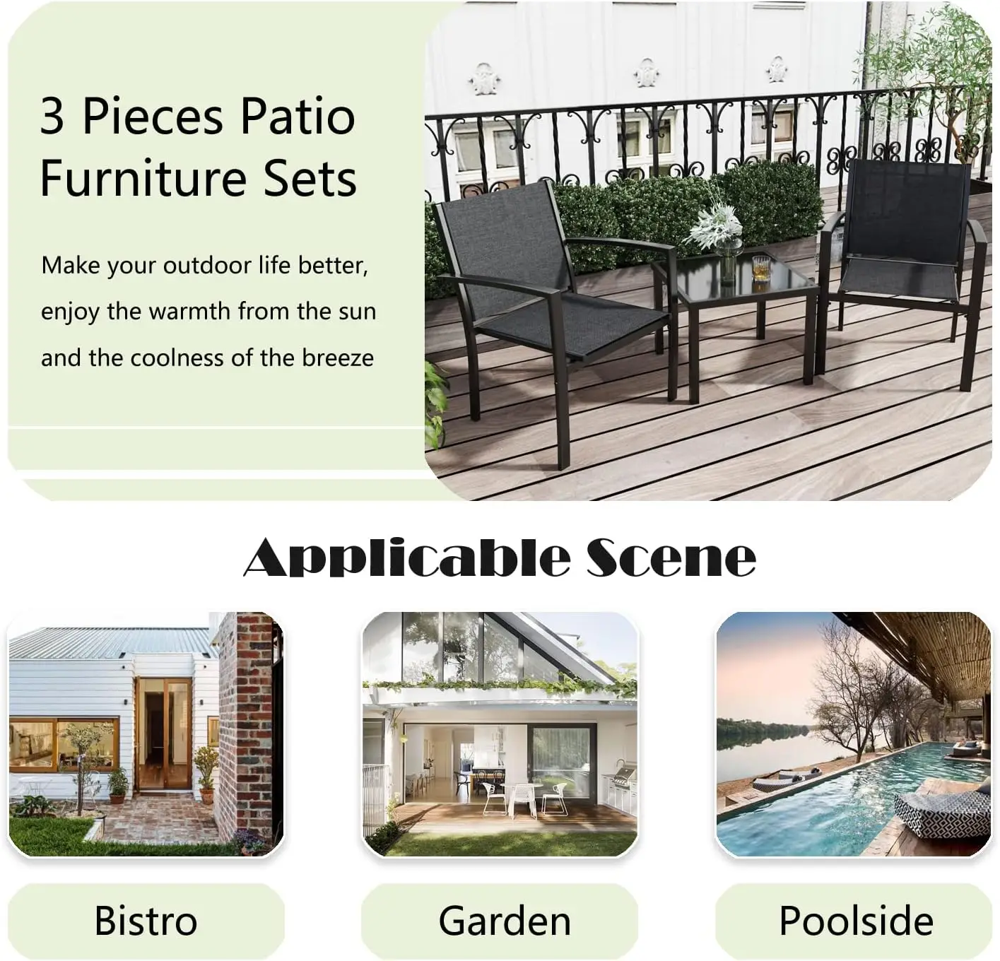 Greesum 3 Pieces Patio Furniture Set Outdoor Conversation Textilene Fabric Chairs for Lawn, Garden, Balcony, Poolside with A Gla