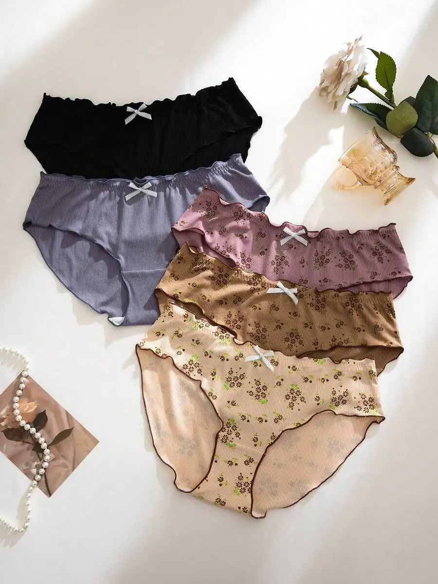 

5pcs Sweet Ditsy Floral Ruffle Trim Womens Panties Set