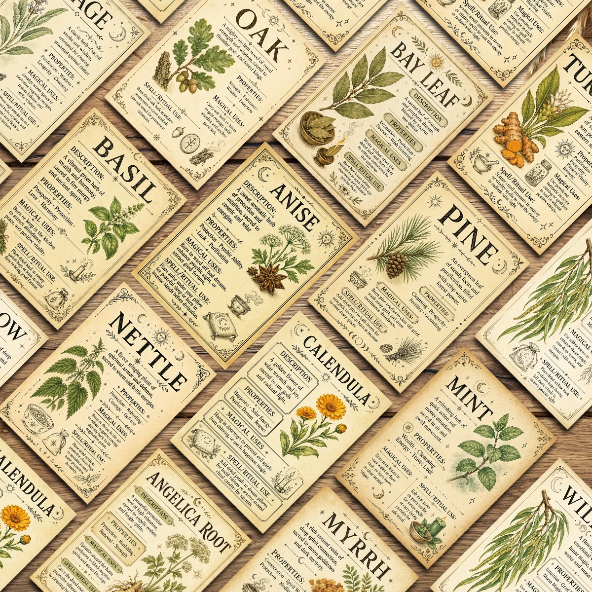 30 Stück Vintage Grimoire Hexerei-Kräuterkarten, Karten mit botanischen Kräuter-Eigenschaften, Pflanzeninformationskarten für Anfänger-Hexen – Detail 3
