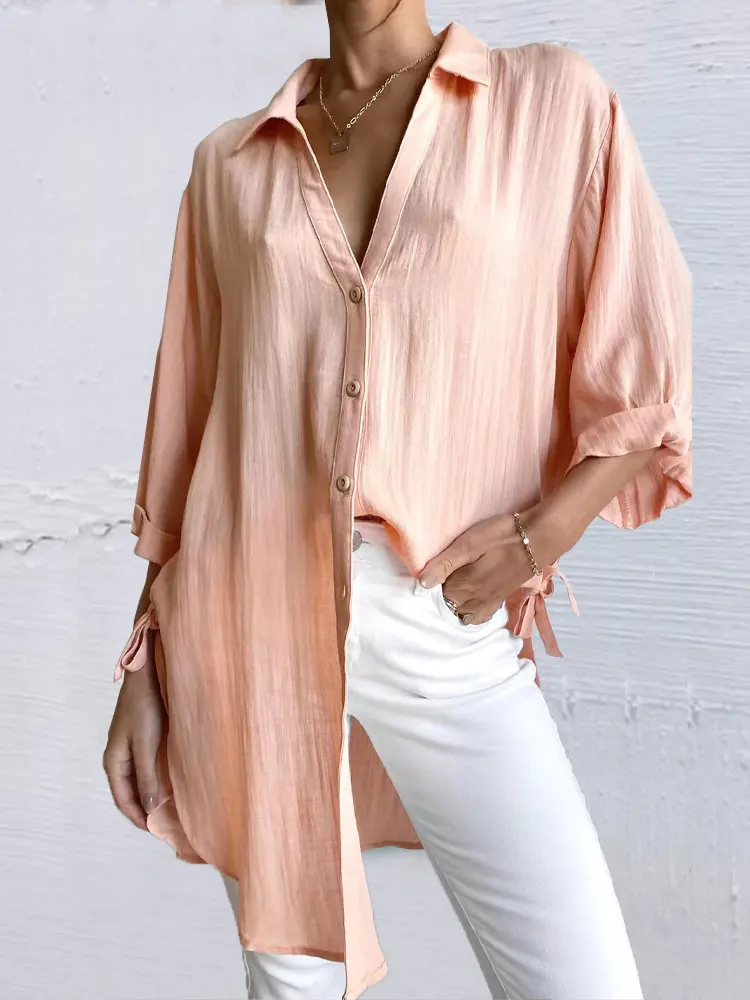 

Blouse Shirt Women Cotton Linen Lapel Mid-length Shirts Summer Casual Solid Color Side Lace-up Buttons Elegant Fashion Blouses