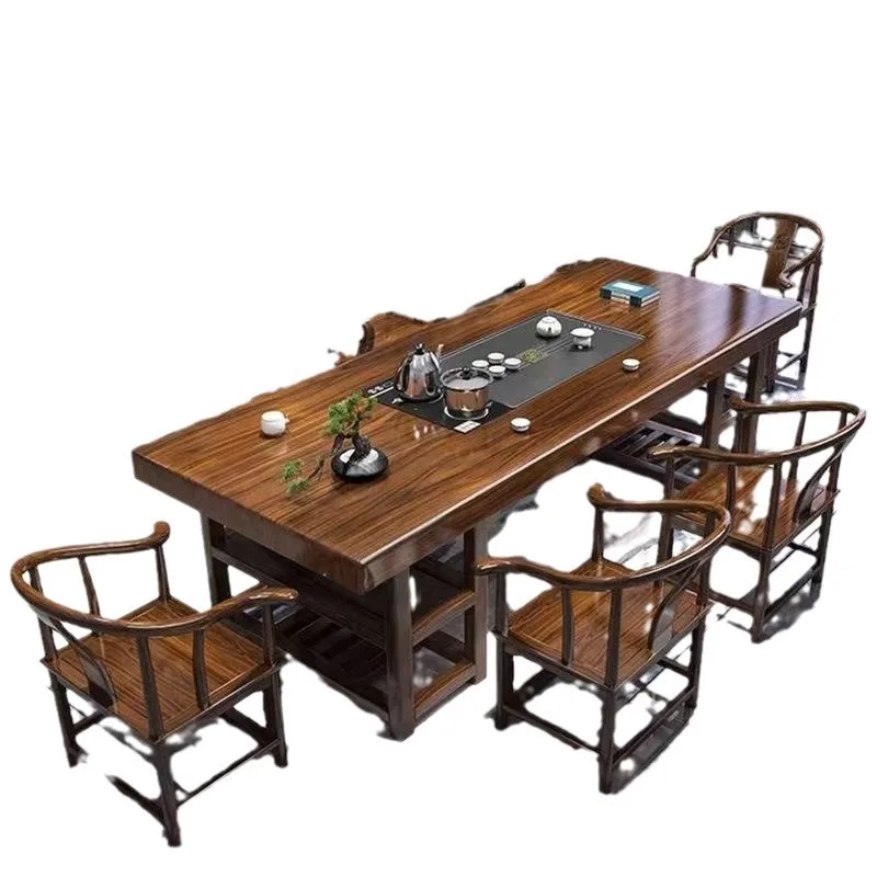 

High-end solid wood large board tea table and chair combination flat tea table integrated