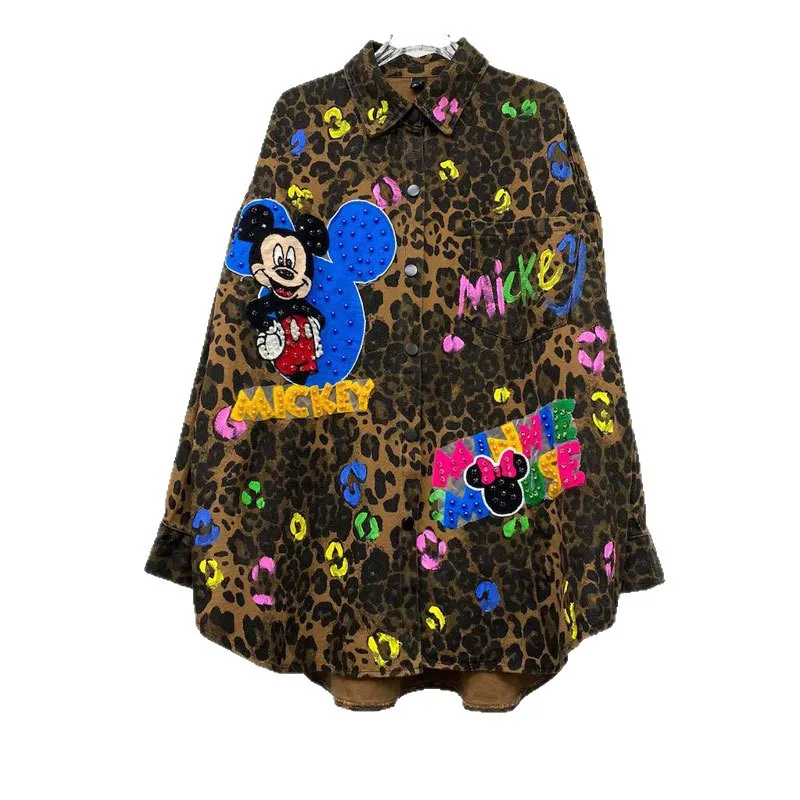

American Street Leopard Print Denim Cardigans Coat Trendy Mickey Diamonds Long Sleeve Casual Shirts Mid-long Women Casual Tops