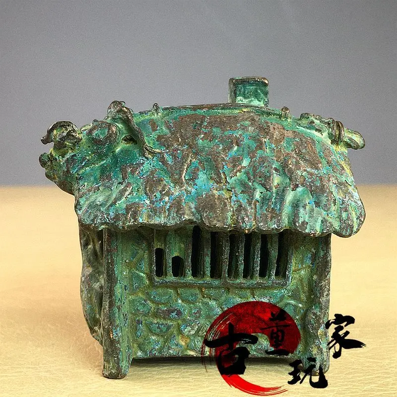 Vintage green rust patina old-style carved thatched cottage craftsmanship bronze decoration
