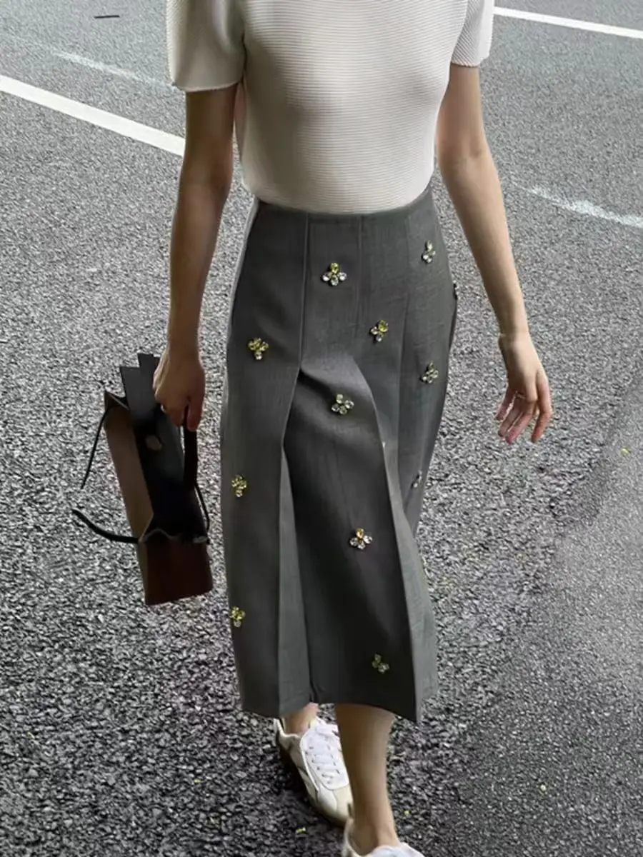 New In 2024 Autumn Korean Popular Diamonds Embroidery Women Half Skirt Office Lady A-line Pleated Skirts for Woman Faldas