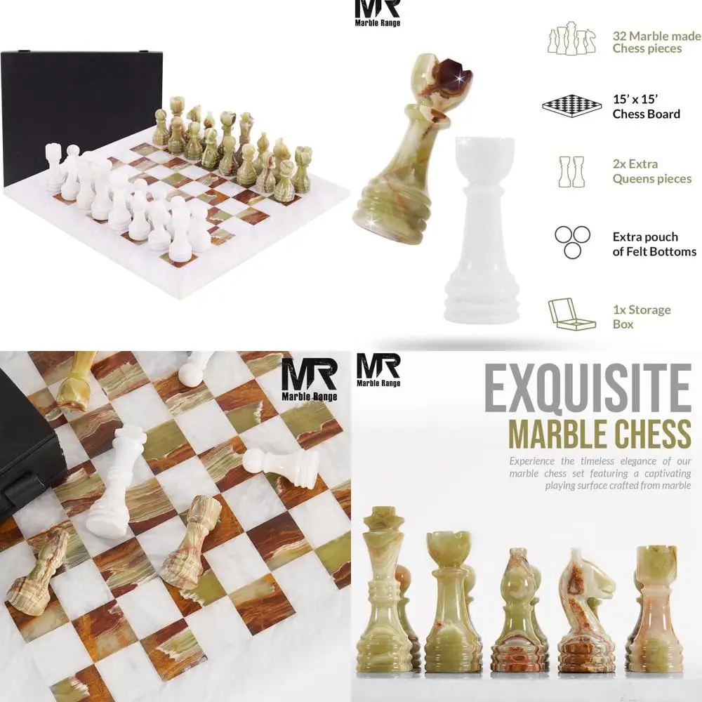 

15 Handcrafted Marble Chess Set in White & Green Onyx with 32 Pieces, 2 Bonus Queens, and Storage for Adults - Stylish Home Deco