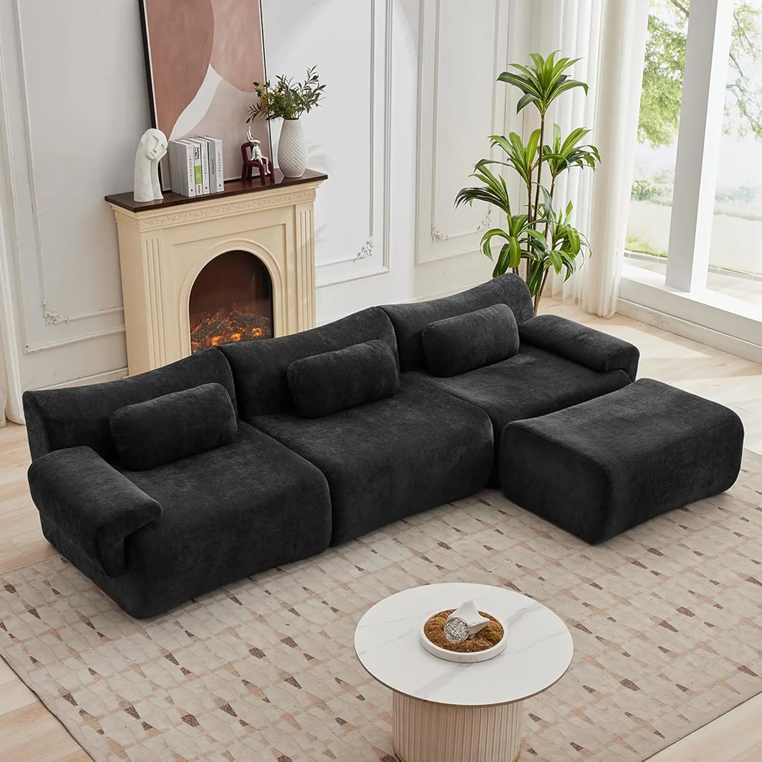 

L Shaped Modern Sofa Modular Sectional Cloud Couch with Ottoman, 3+1 Seater Chenille Deep-Seat Sofa, 3 Pillows, Black