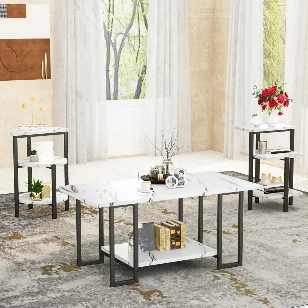 

%a Coffee Table&2 Side Table, Faux Marble Tabletop and Metal Frame,3 Piece Table Sets, for Living Room Apartment