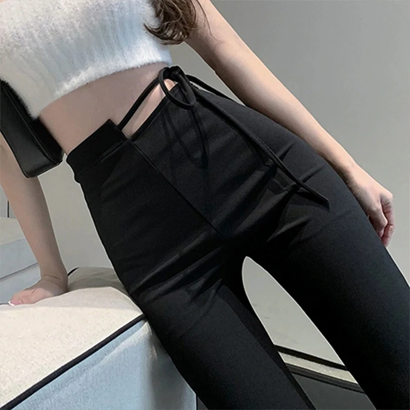 

Irregular High Waist Strap Slim Fit Black Casual Micro-Flare Pants For Women