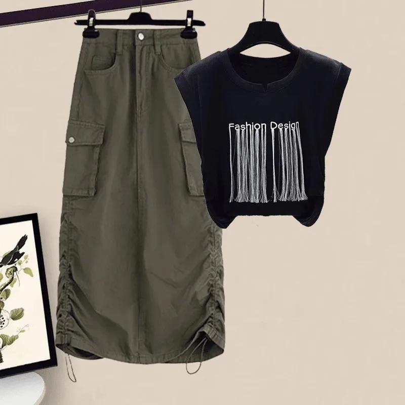 Faionable Women's Summer Svel T-irt And Skirt Set oulder-Length Design Casual Workwear Sle round Ne ort Sve