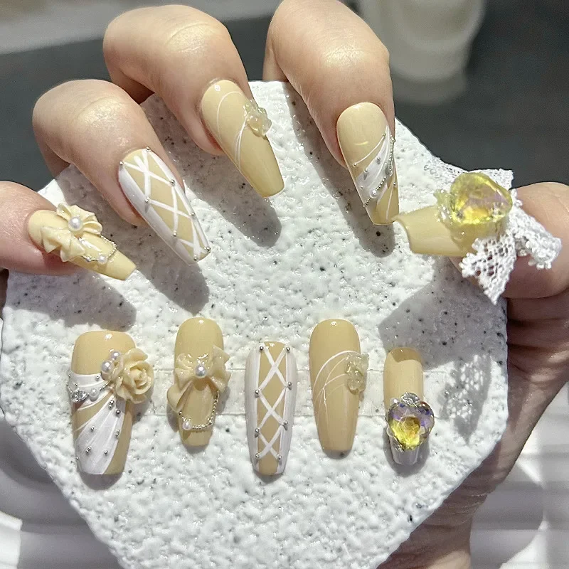 10pcs 3D Yellow Rose Bow Yellow Handmade Press On Nails Lace Bow Pearls Love Diamonds Fake Nails Elegant Cute Ballet Nail Art