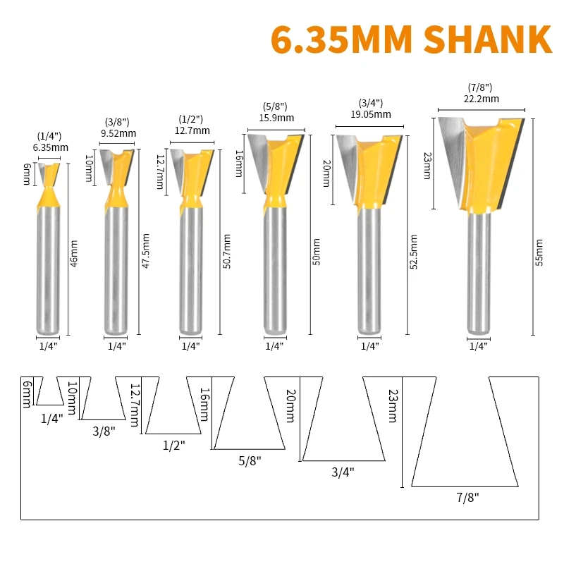 NXWIND 6MM 6.35MM Shank  Dovetail Joint Router Bit 14 Degree Woodworking Milling Cutter For Engraving Bits Face Mill