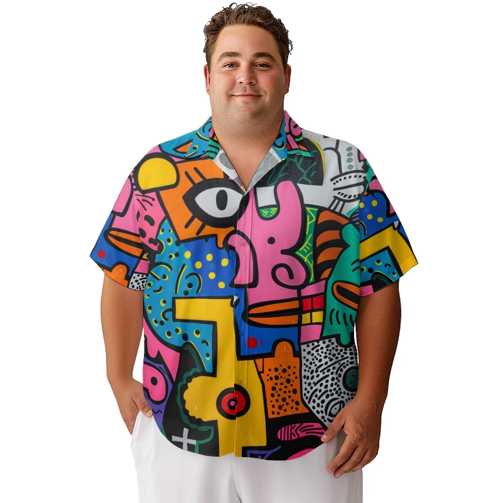 

2024 new Men's shirts plus size Neon vertical and horizontal fuzzy stripes printed clothing casual short-sleeved