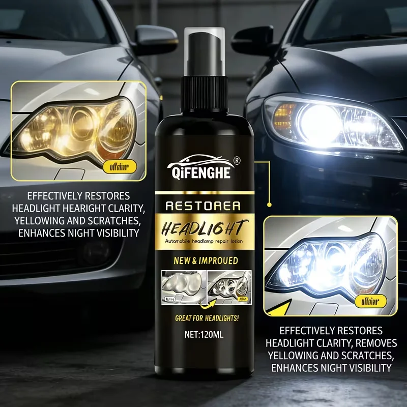 Car Headlight Restorer Spray 120mL, QIFENGHE Professional Headlight Polish, Remove Oxidation/Yellowing, Auto Light Repair & Reno