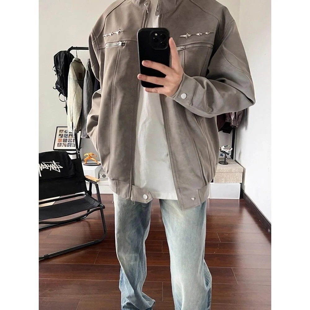 

ay American High Street Motorcycle Jaet Men's Autumn Faionable Flight Jaet Loose Fit Polyester Long Sve Pure Color