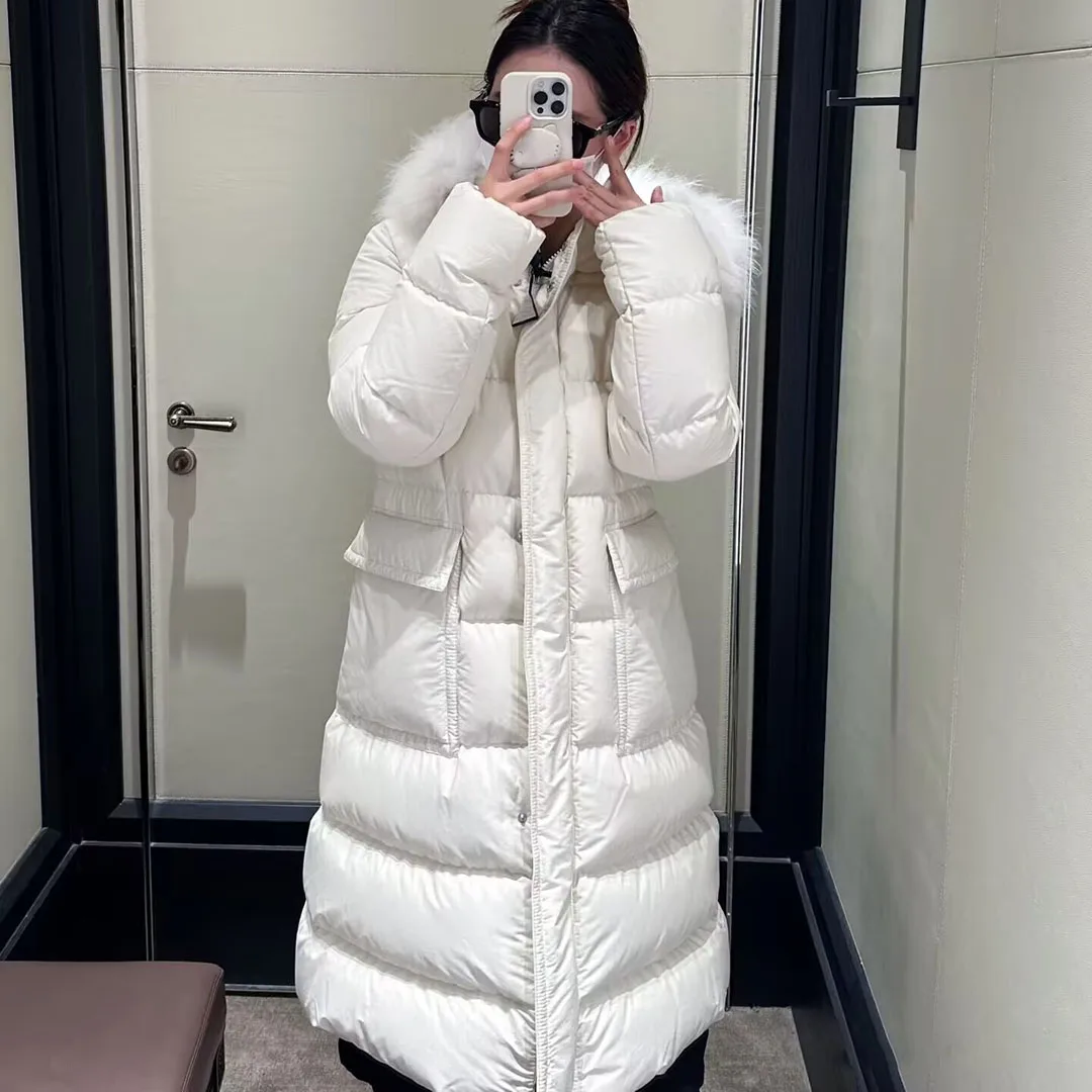 جديد الشتاء الأبيض أوزة أسفل معطف طويل المرأة مقنعين الصوف الفراء طوق طويلة الأكمام جيوب كبيرة أنيقة موضة سميكة الدافئة سترة