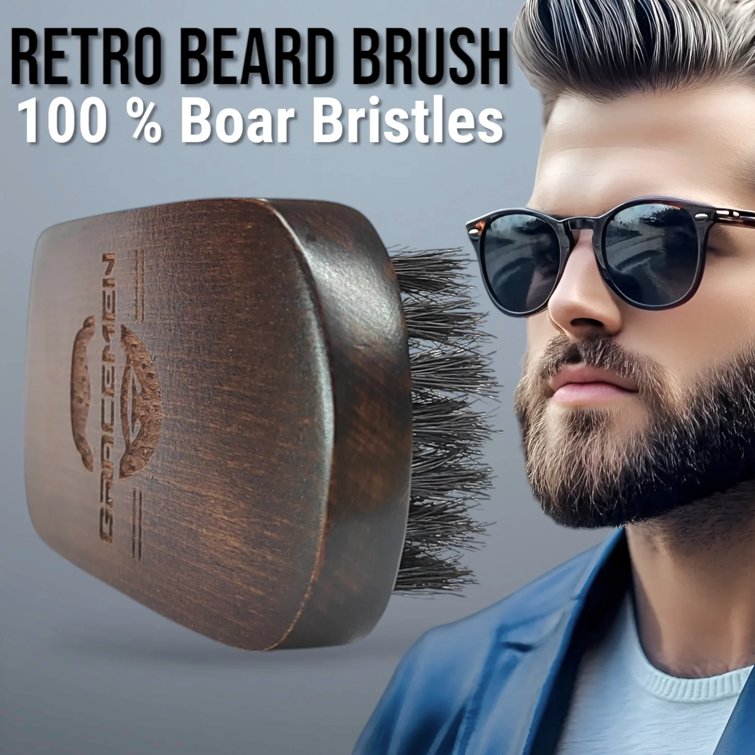 Gracemen Retro Beard Brush Grooming Facial Brush for Men - 100% Boar Bristle Rectangle Wooden Handle Men's Hair Brushes