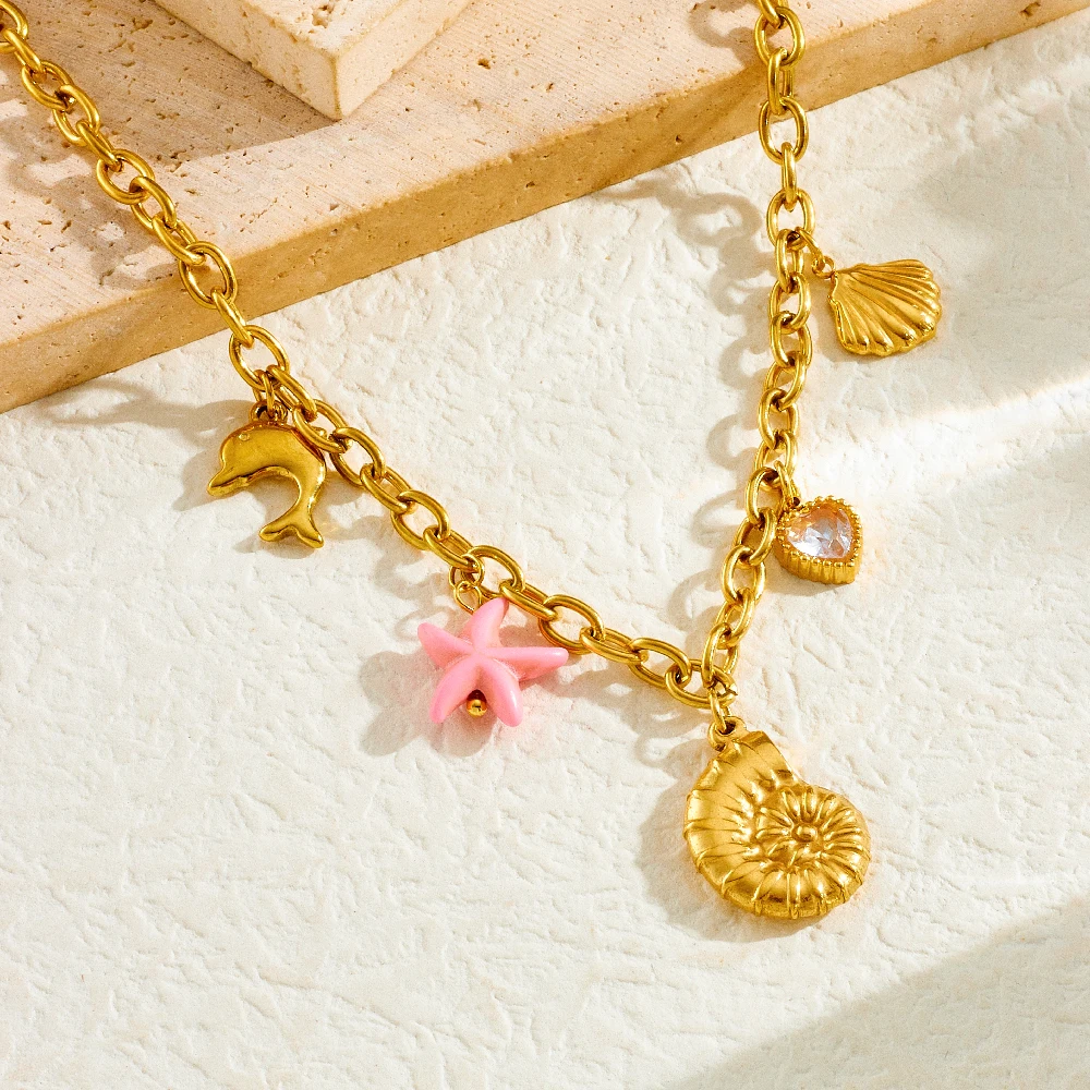 DIEYURO 316L Stainless Steel Marine Style Conch Golden Sea Star Pendant Necklace Girl New Fashion Trend Neck Jewelry Gift Joyas