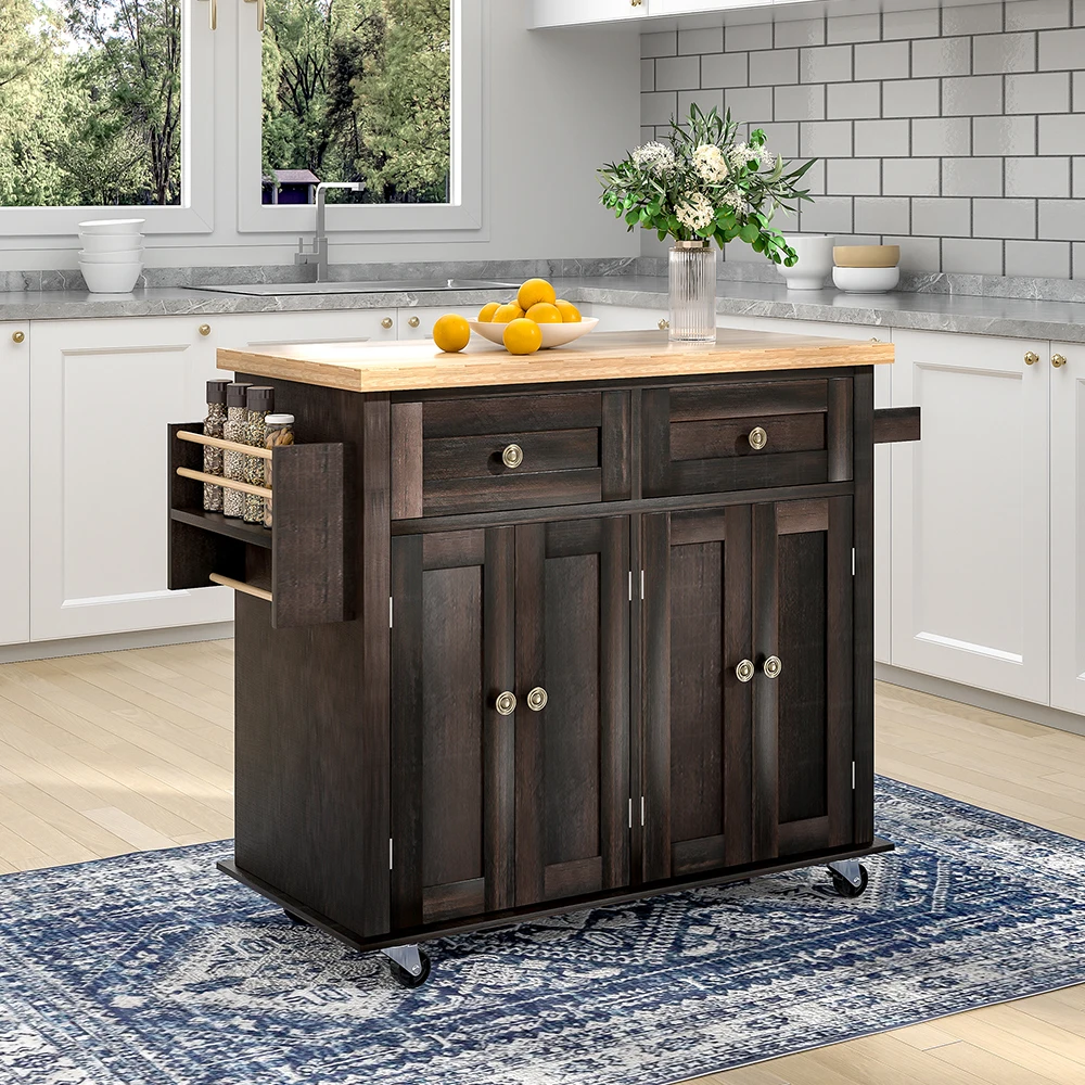 Wooden Kitchen Island Cart with Storage Cabinets, Rolling Kitchen Trolley with Wheels for Dining Room Living Room