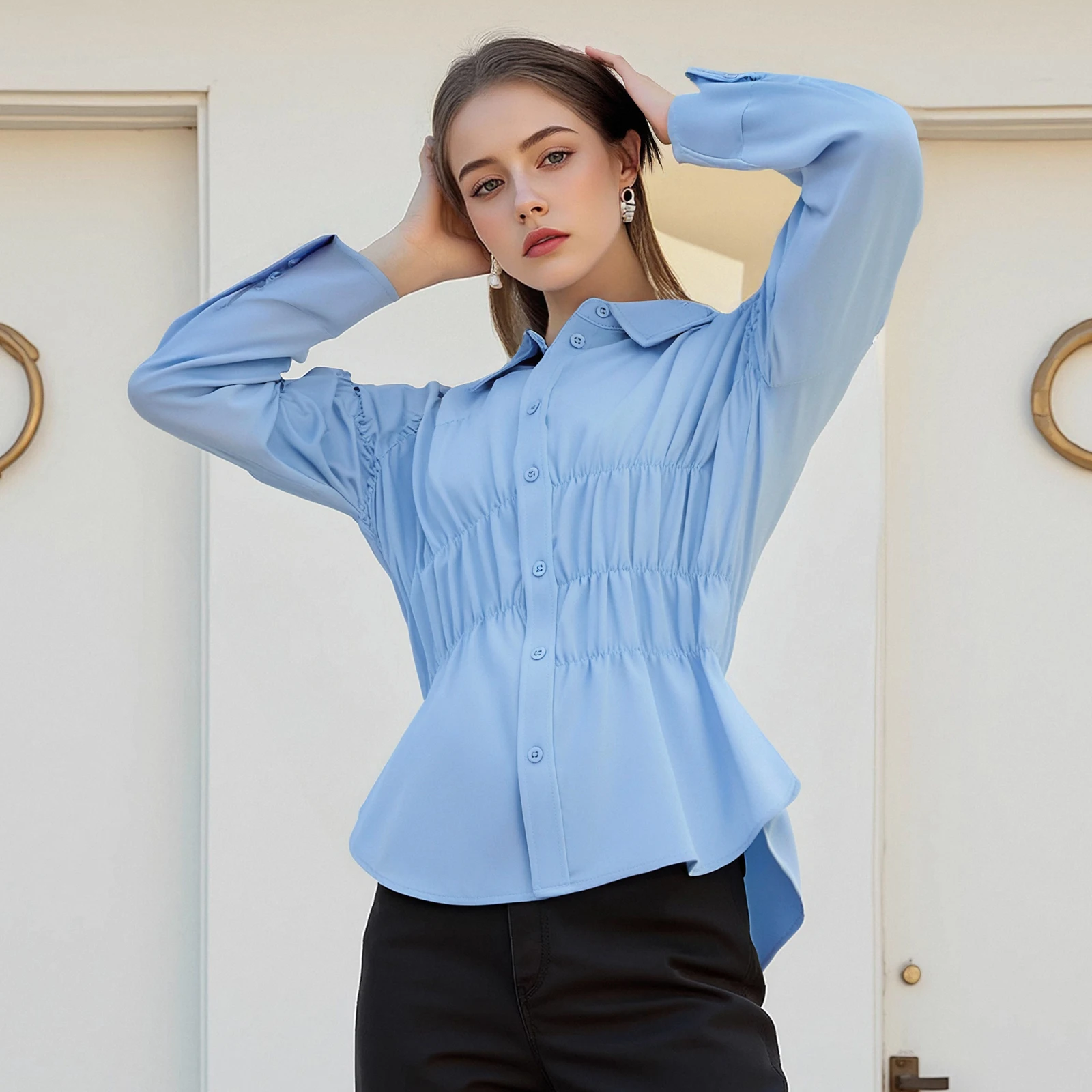 

Women Long Sleeve Shirts Solid Color Scrunched Turn Down Collar Button Down Blouses Spring Casual Tops Streetwear