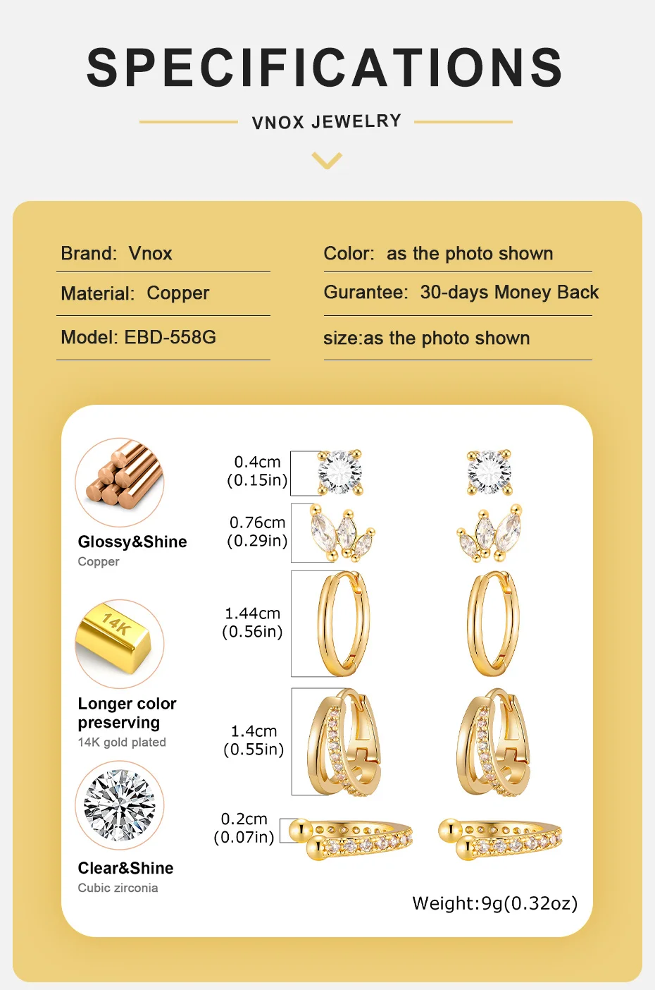 Vnox Elegantes Creolen-Set für Damen, vergoldet, glänzende Zirkon-Ohrstecker, C-förmige Ohrklemme, Statement-Schmuck für trendige Partys – Detail 5