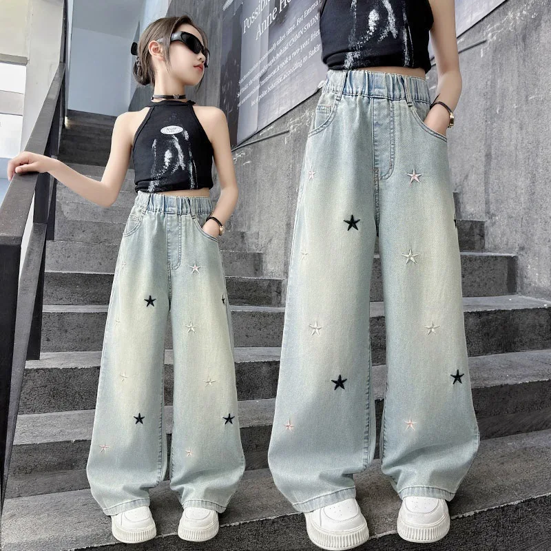 Spring Summer New Girls Jeans Embroidery Five-pointed Star Loose Pants For 5-14 Years Teen Girls Stylish Denim Wide Leg Pants