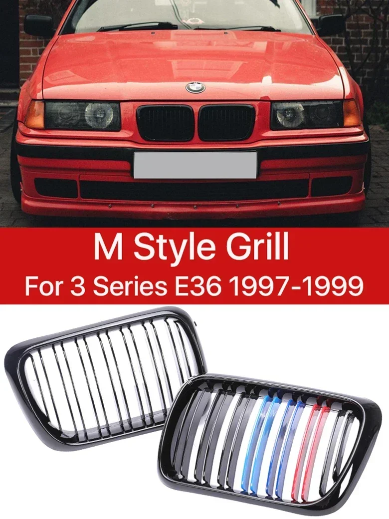 New! M Sport Front Bumper Kidney Grille Dual Slat M Color Gloss Black M Tech Grills Facelift For BMW 3 Series E36 LCI 1997 1998