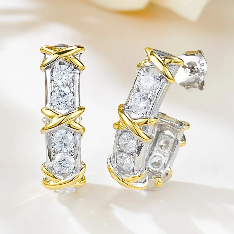 European and American New S925 Silver Dual Color Pure Silver Gilded Full Diamond Earrings, High-end Luxury Ear Hooks