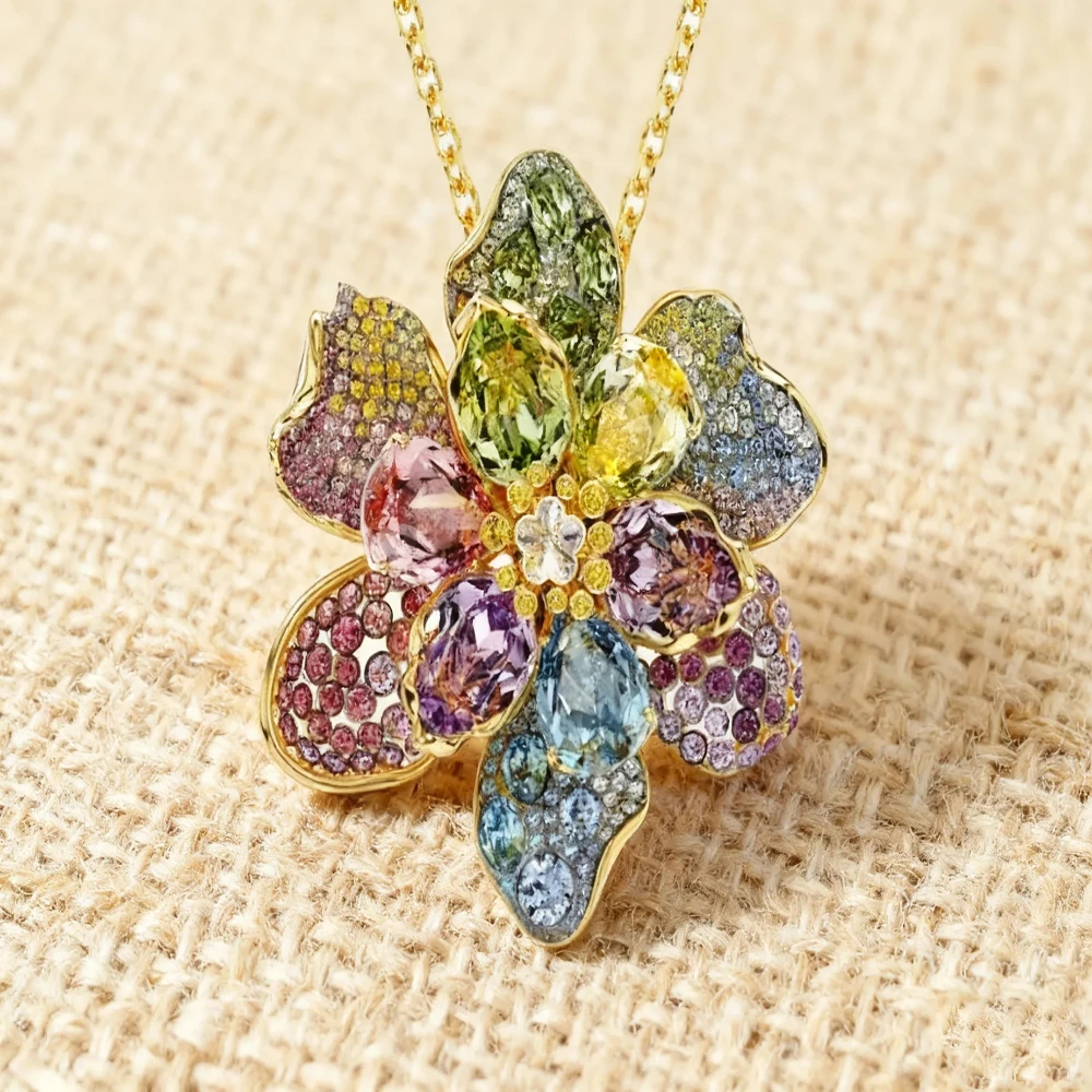 

2025 Trendy Jewelry Gorgeous Necklace with Shining Golden Flowers and Rainbow - colored Crystals