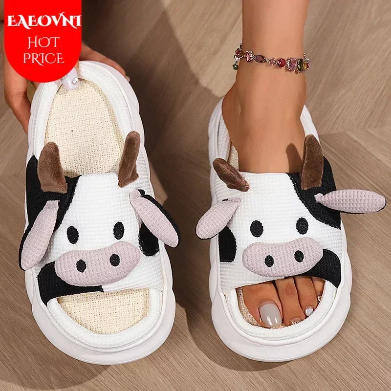 Pantoufles de vache mignonnes pour femmes, pantoufles d'intérieur de dessin animé, coton, semelle optique coordonnante, chaussures en lin, enfants, adultes, couple, hiver, 2024