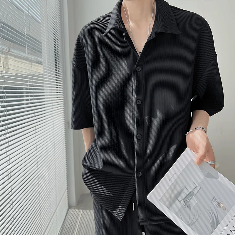 Pleated Sets Men Slim Fit Fashion Short sleeved Shirt/Pants Two Piece Men Korean Casual Set Mens Solid Color Dress Sets M-3XL