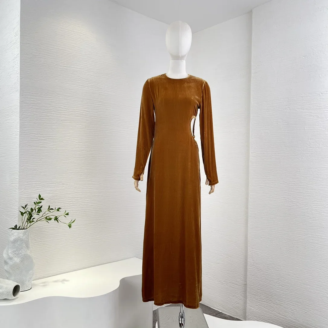 New Collection Vintage Solid Long Sleeve O-neck Waist Cut out High Quality Women Casual Midi Dress