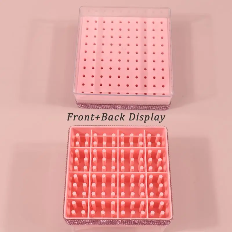 Soporte para brocas de uñas con 100 agujeros, soporte ostentoso con diamantes de imitación, organizador de exhibición, contenedor de almacenamiento a prueba de polvo, caja para salón de uñas