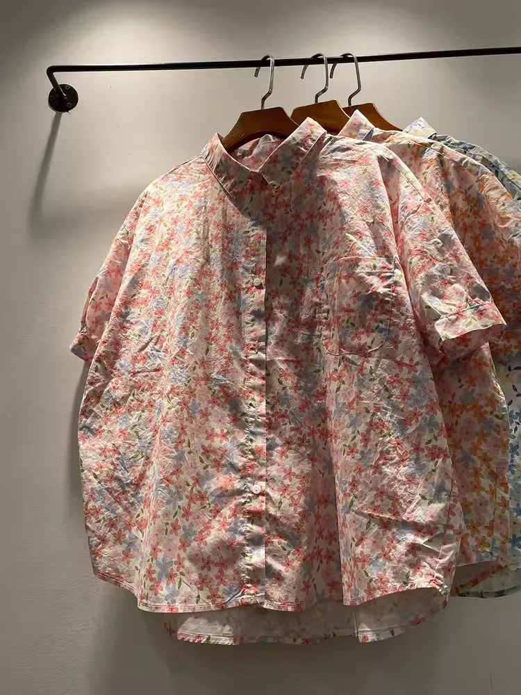 바스트 120cm 코튼 프린트 셔츠와 여성용 블라우스 여름 짧은 소매 탑 대형 한국 인기 의류 여성