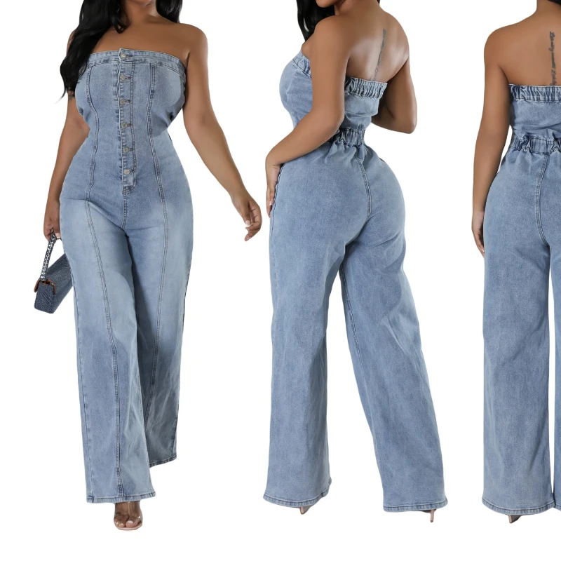 

Denim Jumpsuits Women One Piece Strapless Sleeveless Backless Wide Leg Long Pants Overalls Tight Waist Rompers Slim Fit