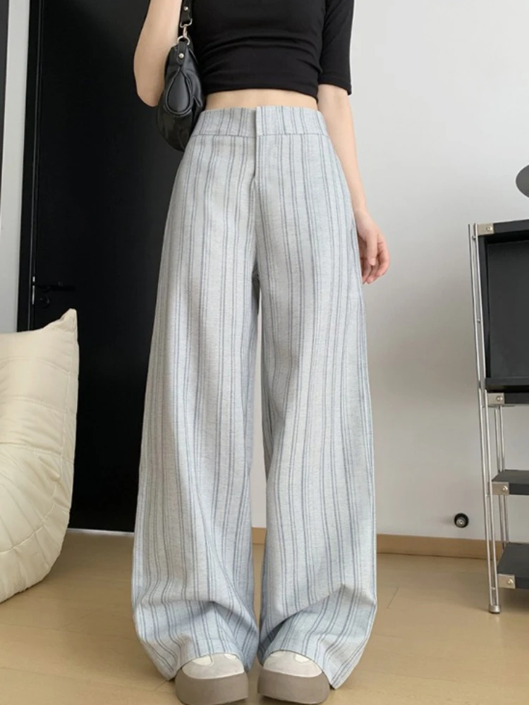 2026 Khaki Striped Suit Wide Leg Pants Fashion Loose High Waist Pants Women Casual Versatile Straight Trousers Women