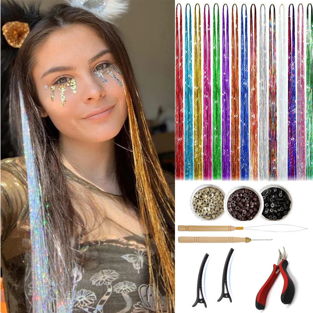 

36 Inch Glitter Hair Tinsel Extensions Kit (12 Colors,2400 Strands) With Tools - Heat Resistant Fairy Hair Accessories for Women