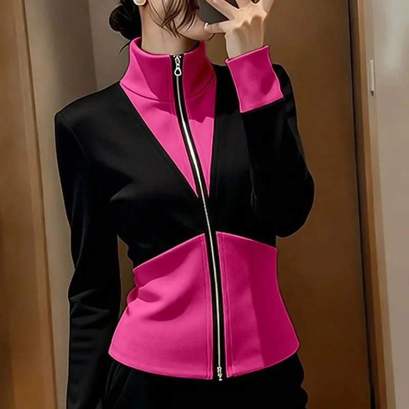 2026 봄 가을 신상 여성 재킷 상의 아름다운 기품 슬림 컬러 대비 캐주얼 후드 스포츠웨어 코트