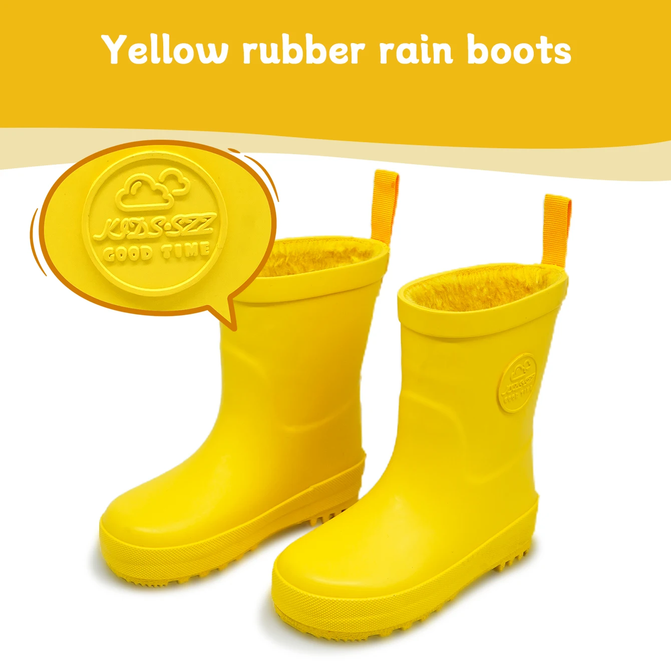 Kids\' Wear-Resistant Outdoor Yellow Rubber Rain Boots with Warm Thermal Lined - Waterproof, Anti-Slip, Lightweight,Outdoor Sport