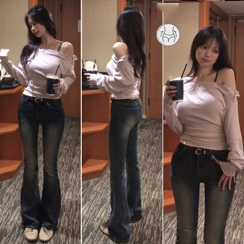 Slimming High Elastic Micro Flared Jeans Women's Full Hip Long Pants Tight Fitting Casual Style No Tag No Fleece No Cross Border