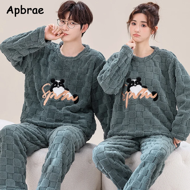 Duck Print Winter Couple Flannel Pajamas Set Long Sleeves Warm Thick Lovers Sleepwear Man and Woman Kawaii Round Collar Pijamas