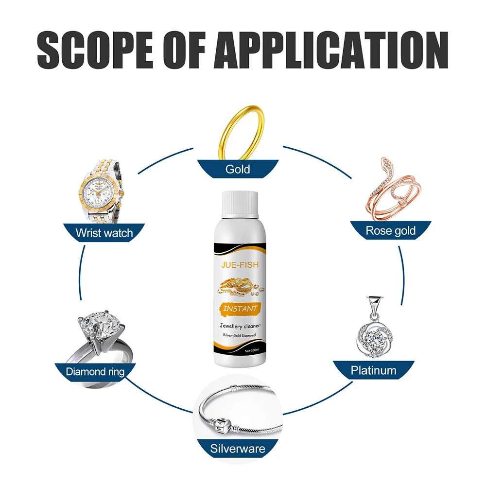 منظف المجوهرات 100 مل، قلادة المجوهرات الفضية، حلقة تنظيف تلميع السائل، العناية بالخاتم، سائل الغسيل، منظف متعدد الوظائف