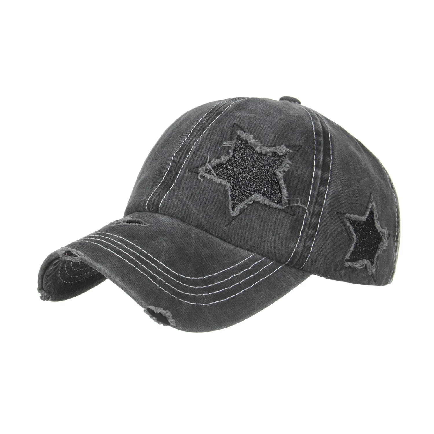 Womens Washed Cotton Baseball Cap Star Embroidery Vintage Distressed Messy High Bun Ponytail Hole Trucker Hat Fishing Caps