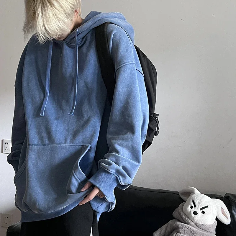 New Men\'s Solid color washed hoodie Sweatshirt  Couple Hoodie Long Sleeve Loose hip-hop youth Street Boy Pullover Sweater 2024