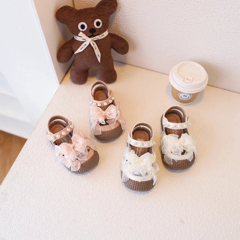 

Summer Girl's Princess Shoe Bowtie Pearl Round Toe Hook-loop Chic Kid's Flat Shoe Solid Colors Anti-slip Charming Children Shoe
