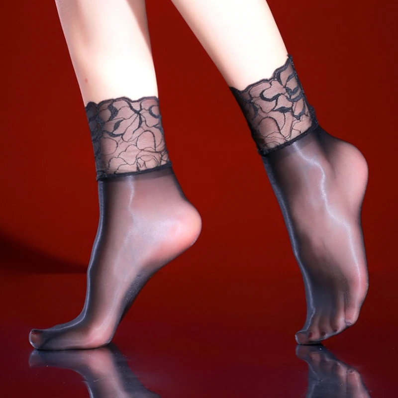 5 Colors Lace Patchwork Low Tube Short Socks With Foot Shape Men Women 3D Oil Shiny Silky Transparent Ankle Socks For Summer