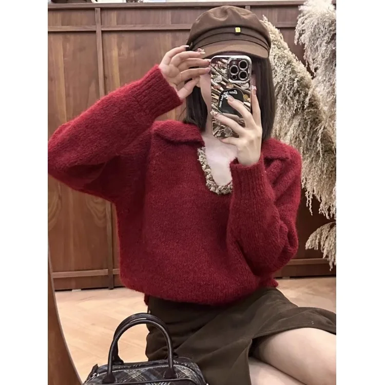 

New Year Red Rhinestone Sequin Collar Women's Knitwear Winter Thi Warm Knitted Top V-ne Long Sve Regular Fit Casual Sle
