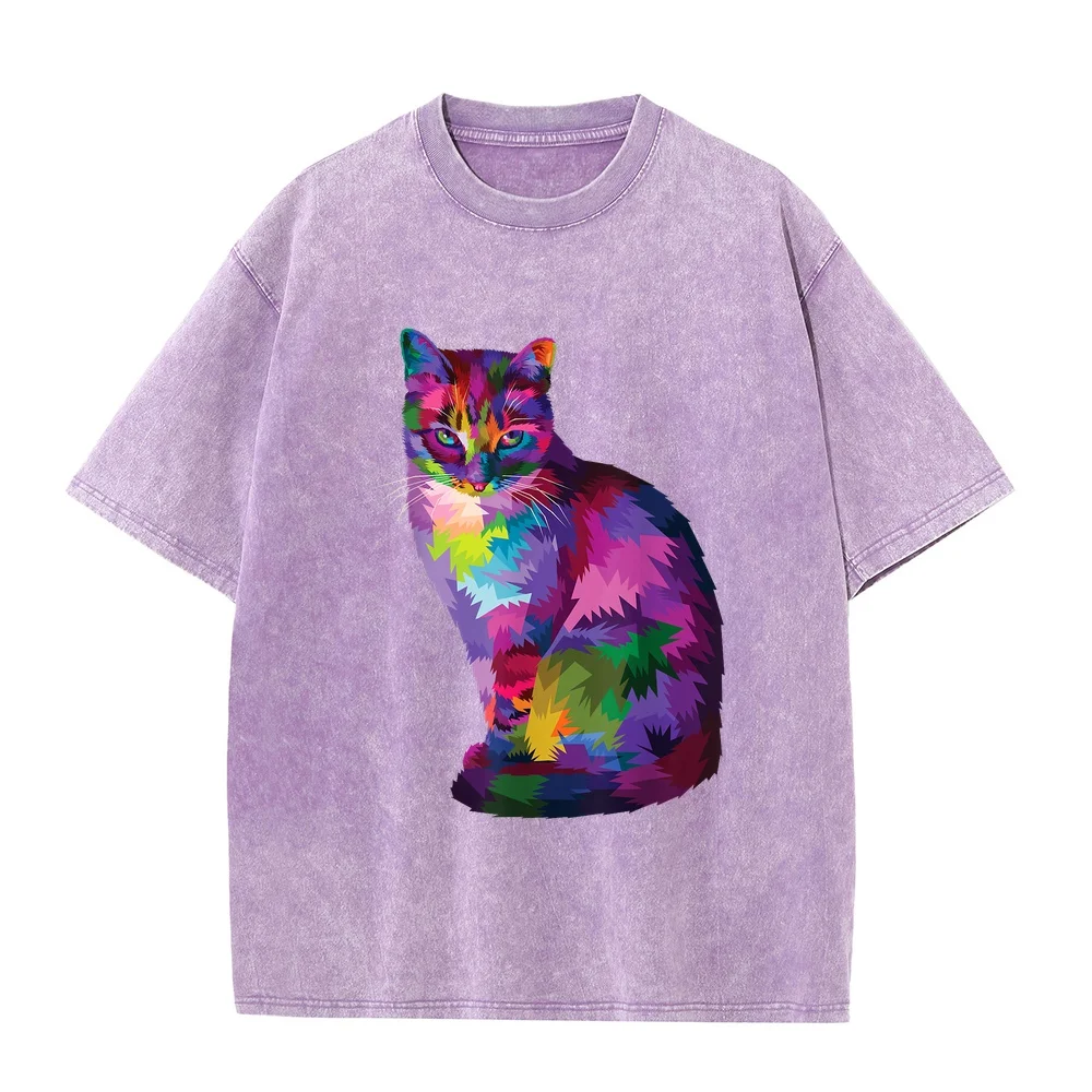 Rainbow Tabby Cat Vibrant Feline Spectrum Kitty Portrait T-Shirt Muscle Fit Short Sleeve Funny Shirt 남자 Plus Size Gift Graphic